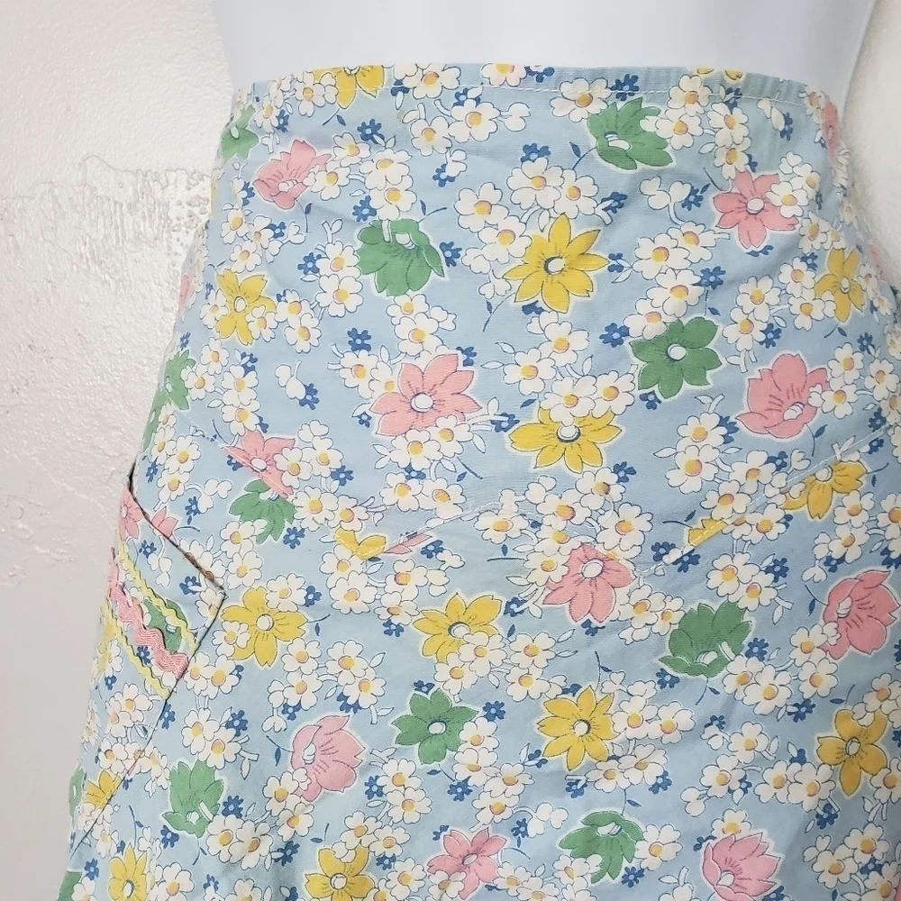 Vintage Handmade Skirt Waist Apron Floral Print Ric-Rac Pink Blue Yellow Green